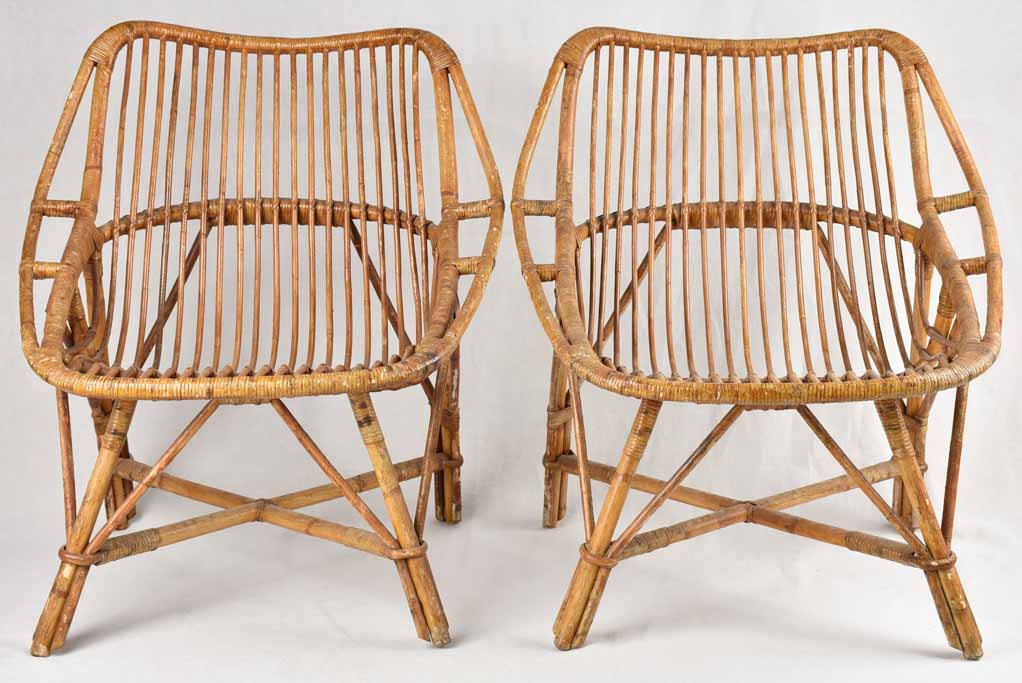 Pair of vintage French rattan armchairs