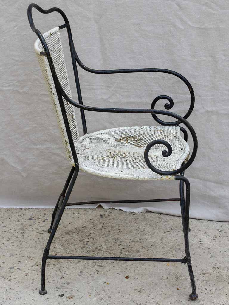 Antique French garden armchair - black and white with metal mesh