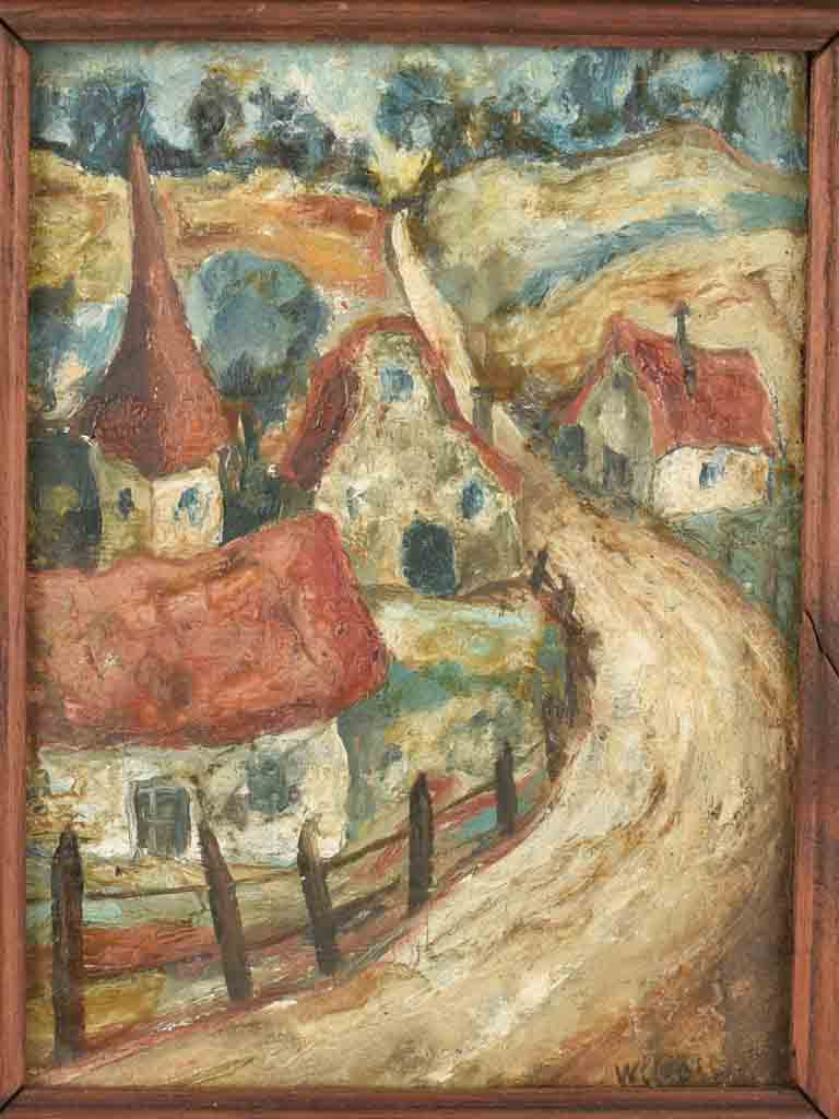 Miniature landscape painting w/ country road village & church 7½" x 9"