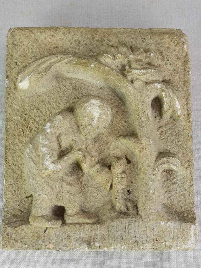 Four antique French carved stone sculptures decorated with country scenes 9½" x 8"