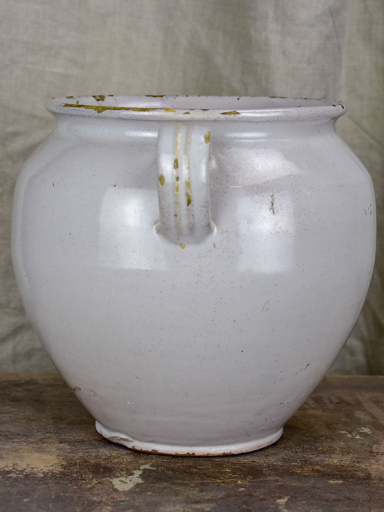 Antique French preserving pot with white glaze and two handles