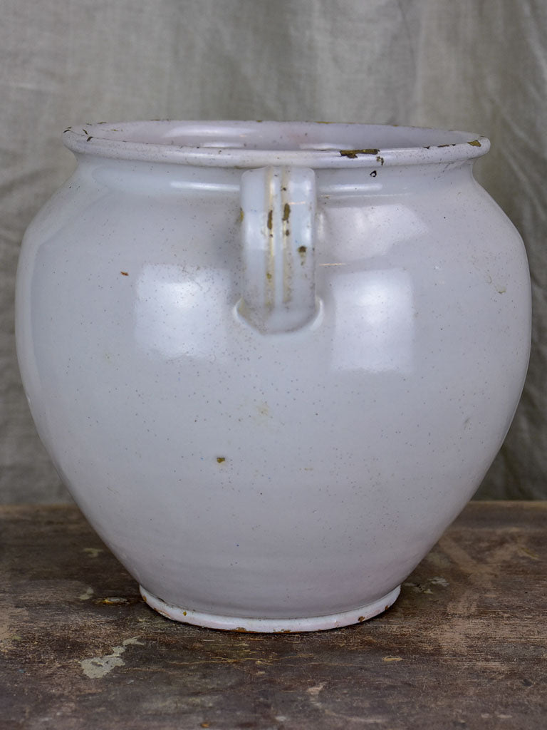 Antique French preserving pot with white glaze and two handles