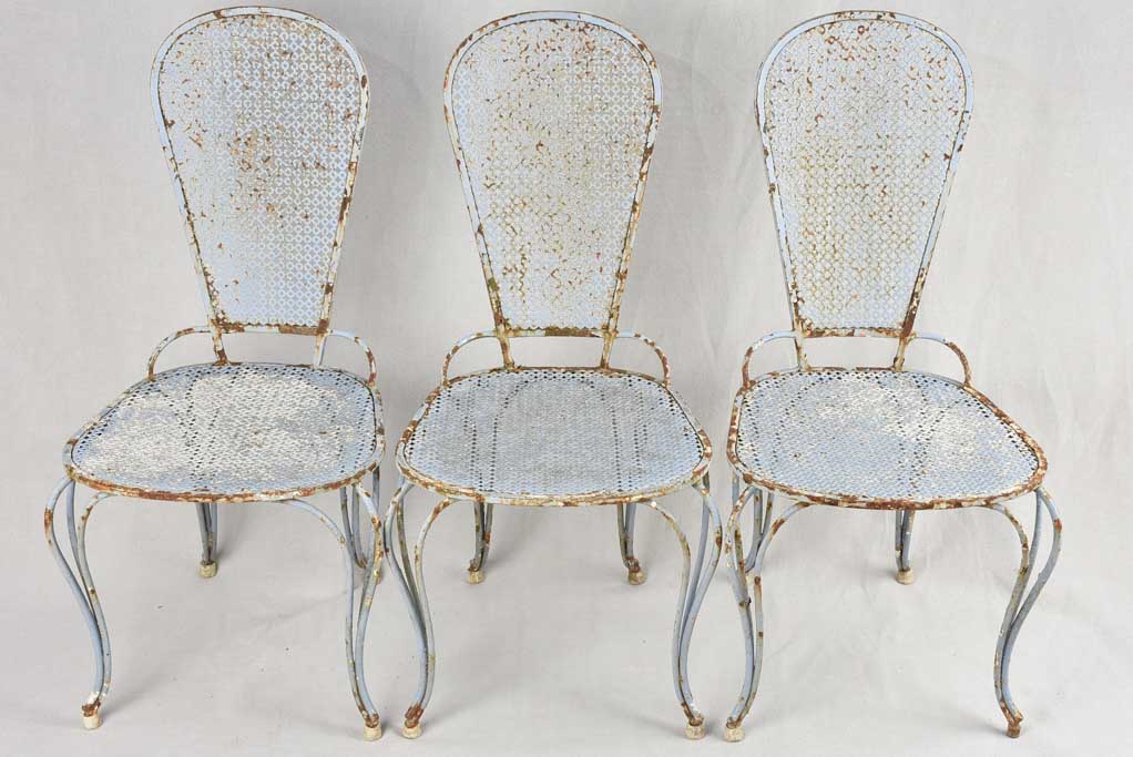 Set of six 1950s perforated garden chairs with lavender blue patina