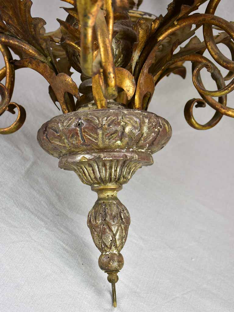 Antique French tole chandelier with leaf decorations