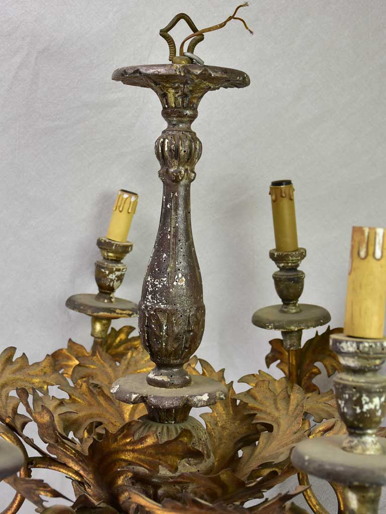 Antique French tole chandelier with leaf decorations