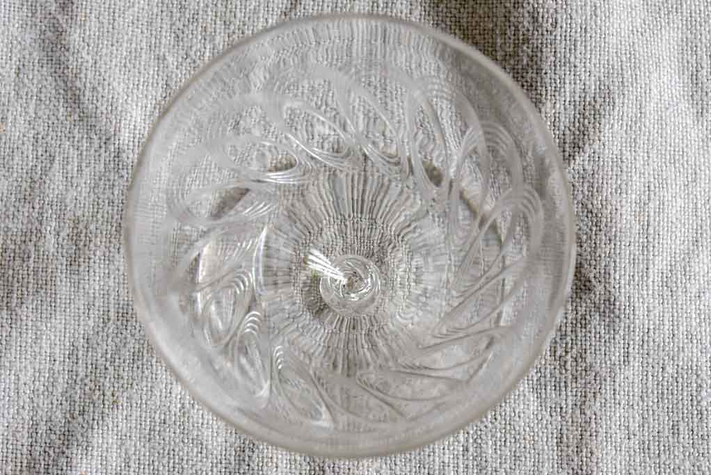 Nine mid-century white wine glasses with pretty engraving