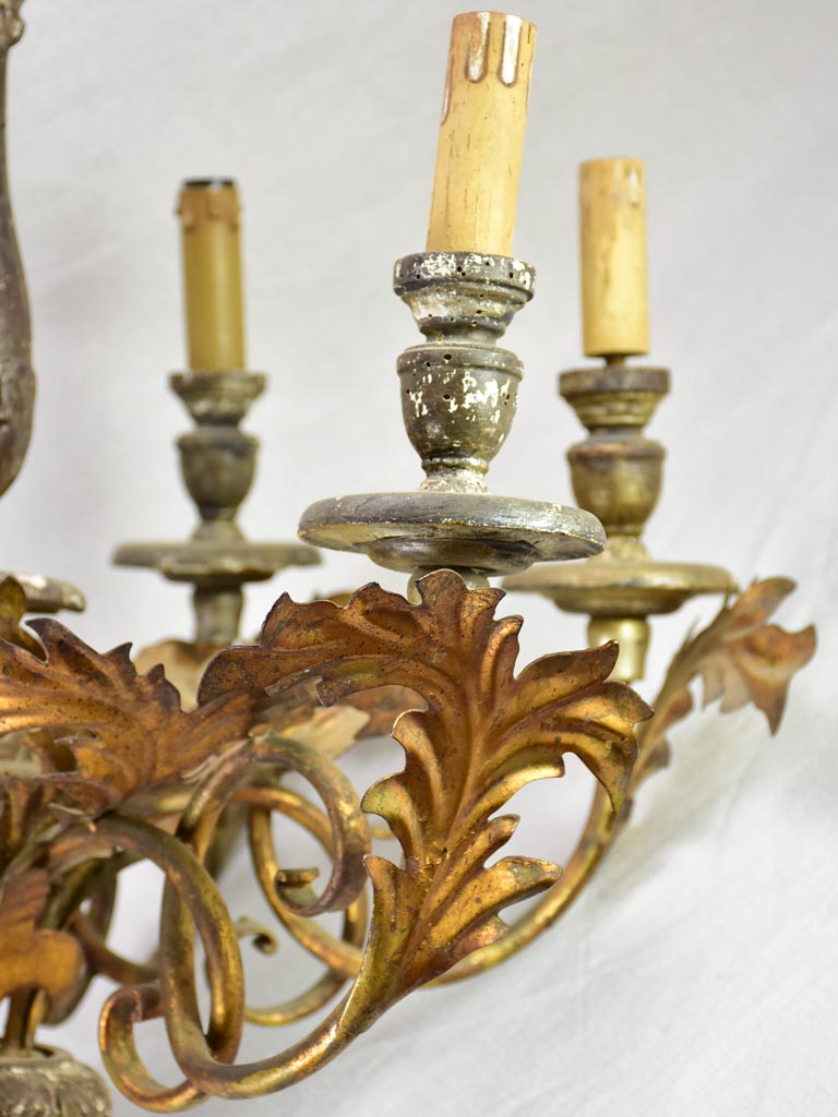 Antique French tole chandelier with leaf decorations