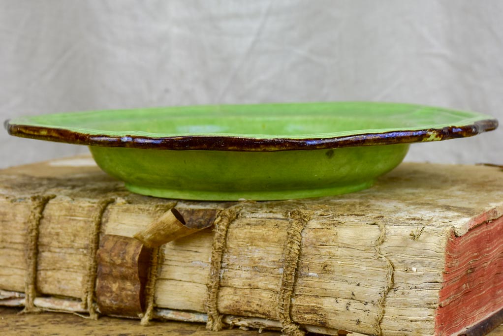 Vintage French round platter from Dieulefit - green glaze