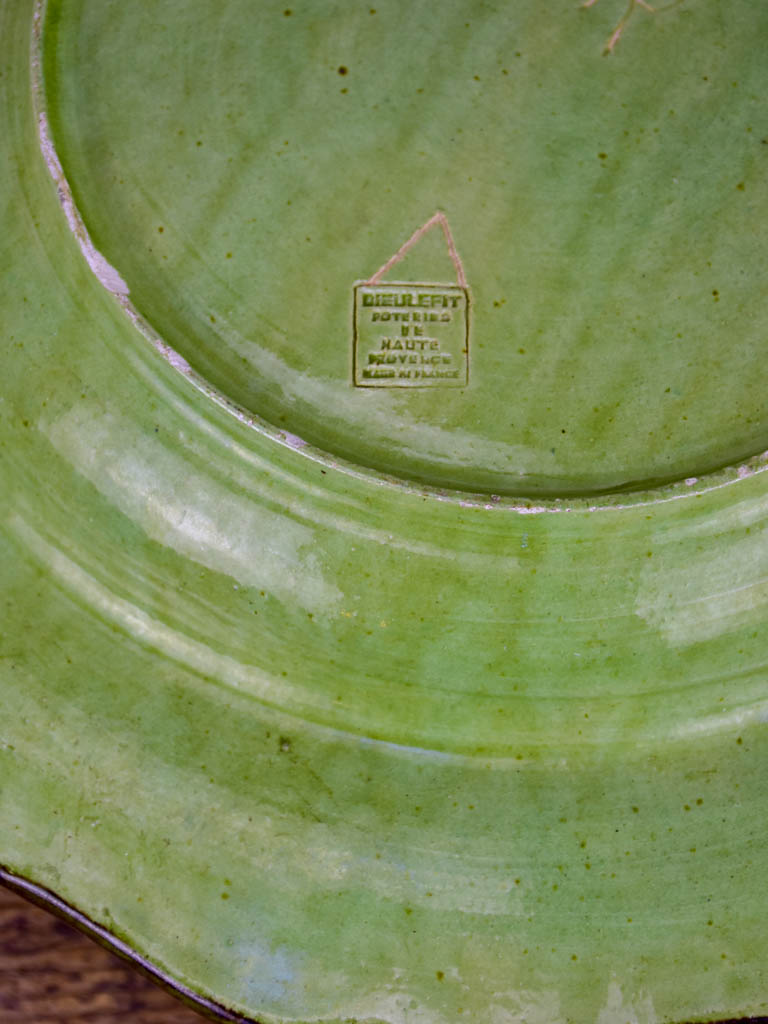Vintage French round platter from Dieulefit - green glaze