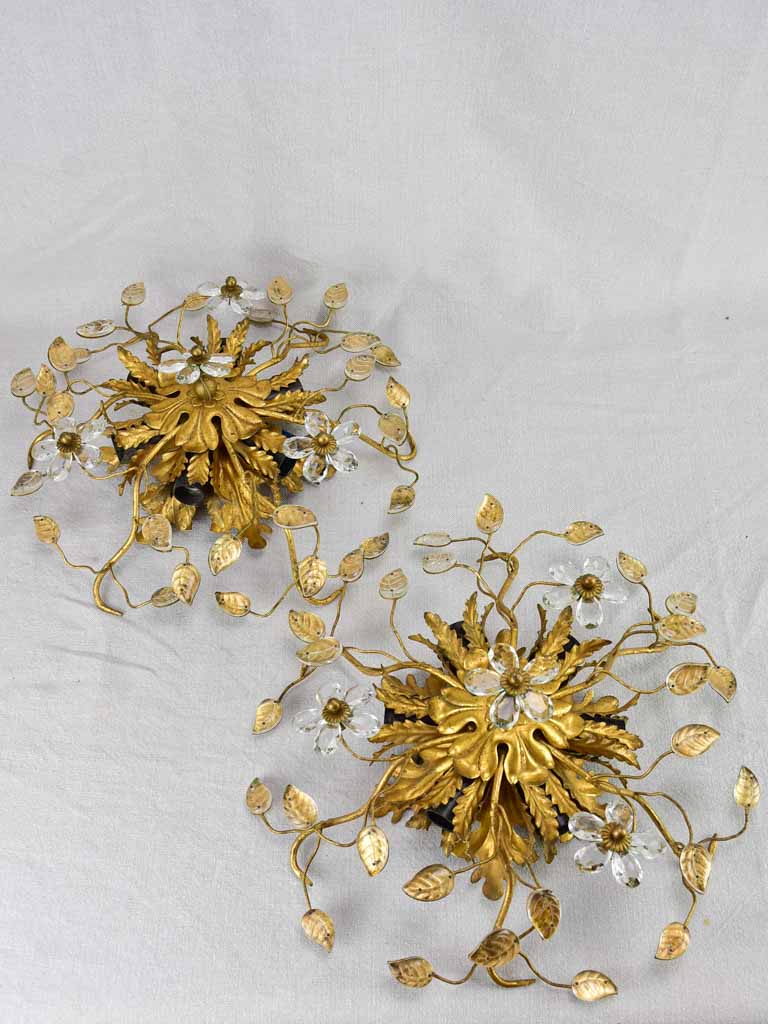 Pair of Maison Bagues style ceiling / wall lights with pretty leaf motifs and gold tole 15¼"