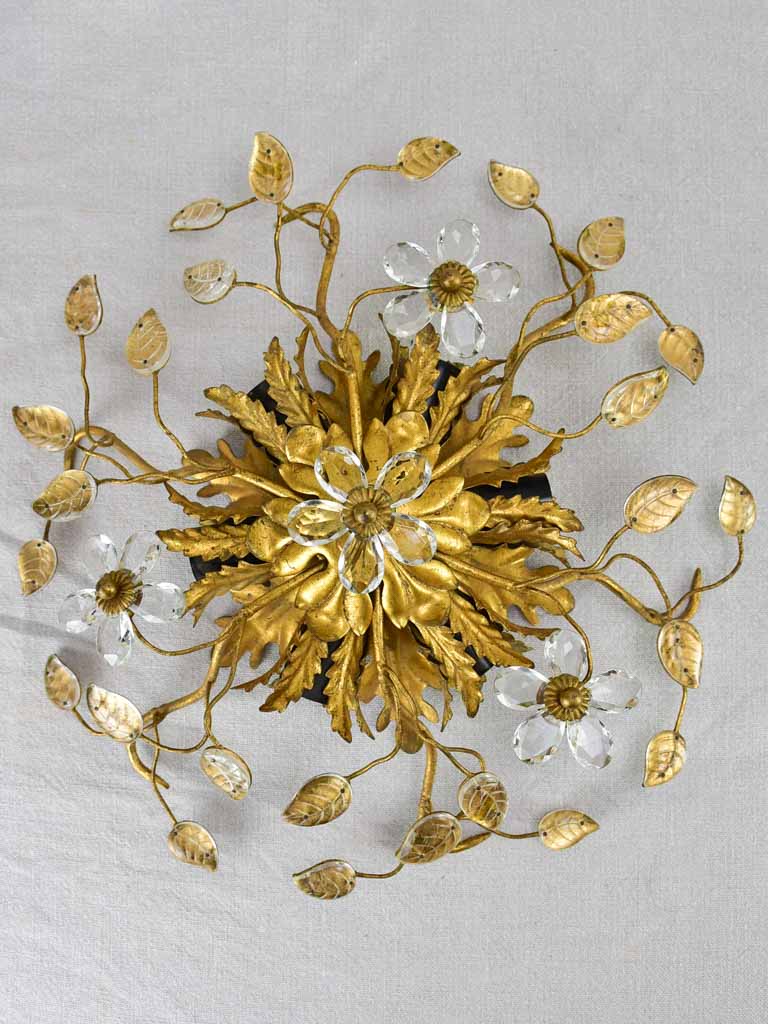 Pair of Maison Bagues style ceiling / wall lights with pretty leaf motifs and gold tole 15¼"