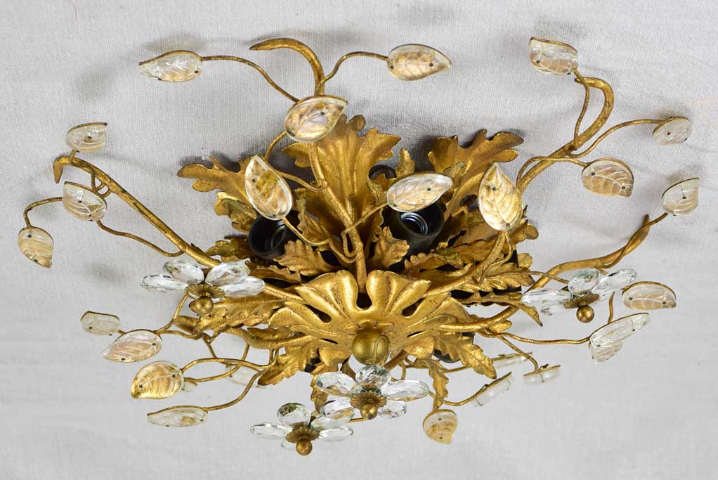 Pair of Maison Bagues style ceiling / wall lights with pretty leaf motifs and gold tole 15¼"
