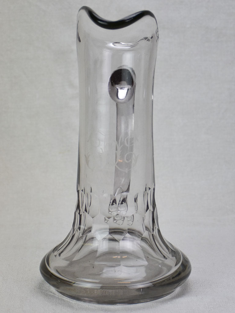 Antique French cider pitcher, blown glass with monogram