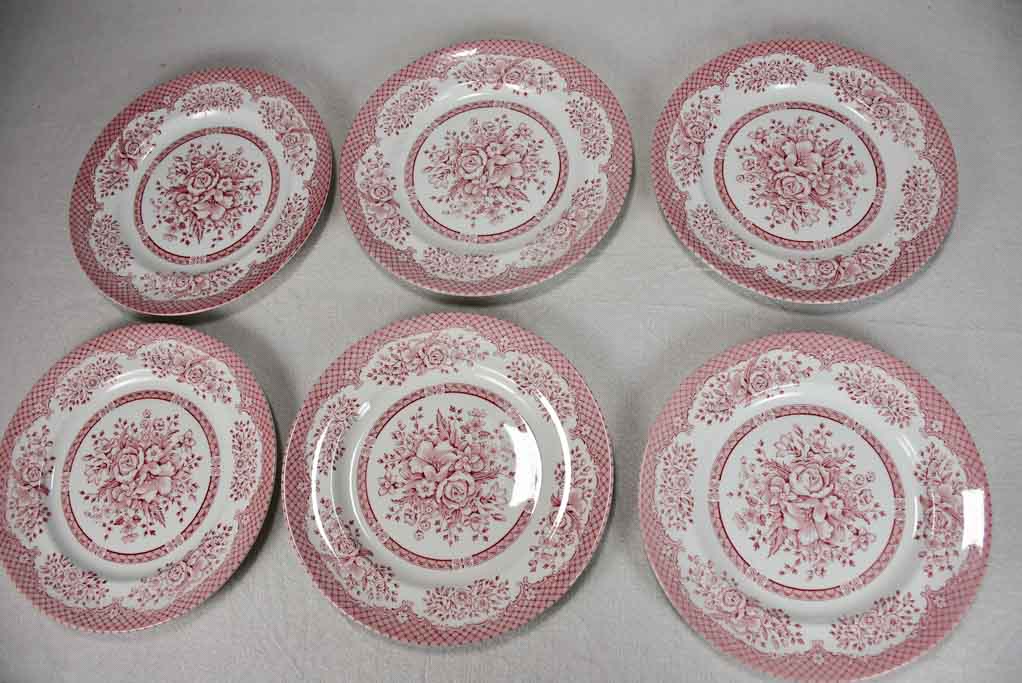 Set of 6 English ironstone dinner plates - pink bouquet Wood & Sons 10¼"