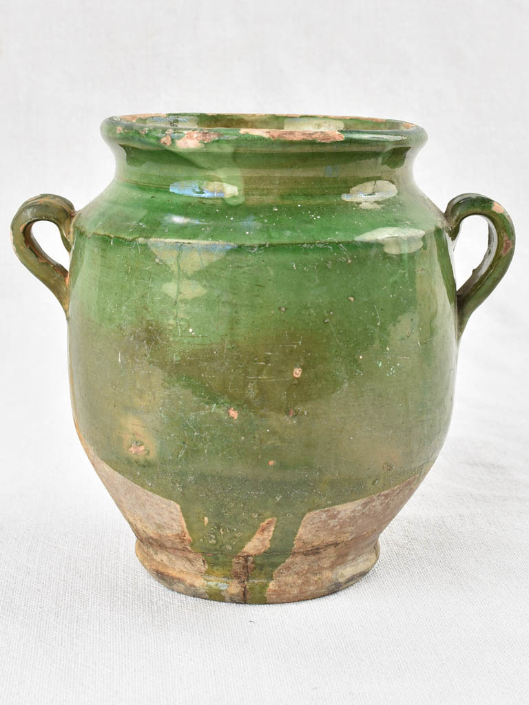 Antique French confit pot with green glaze 6¾"