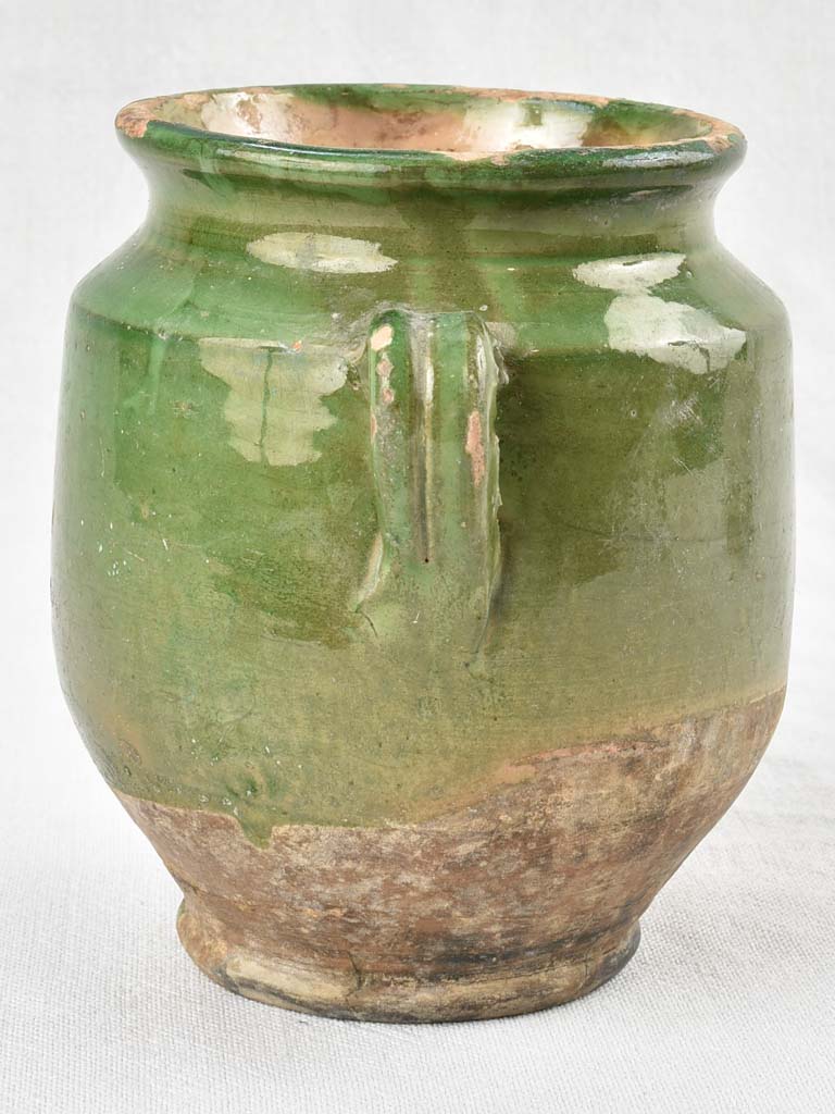 Antique French confit pot with green glaze 6¾"