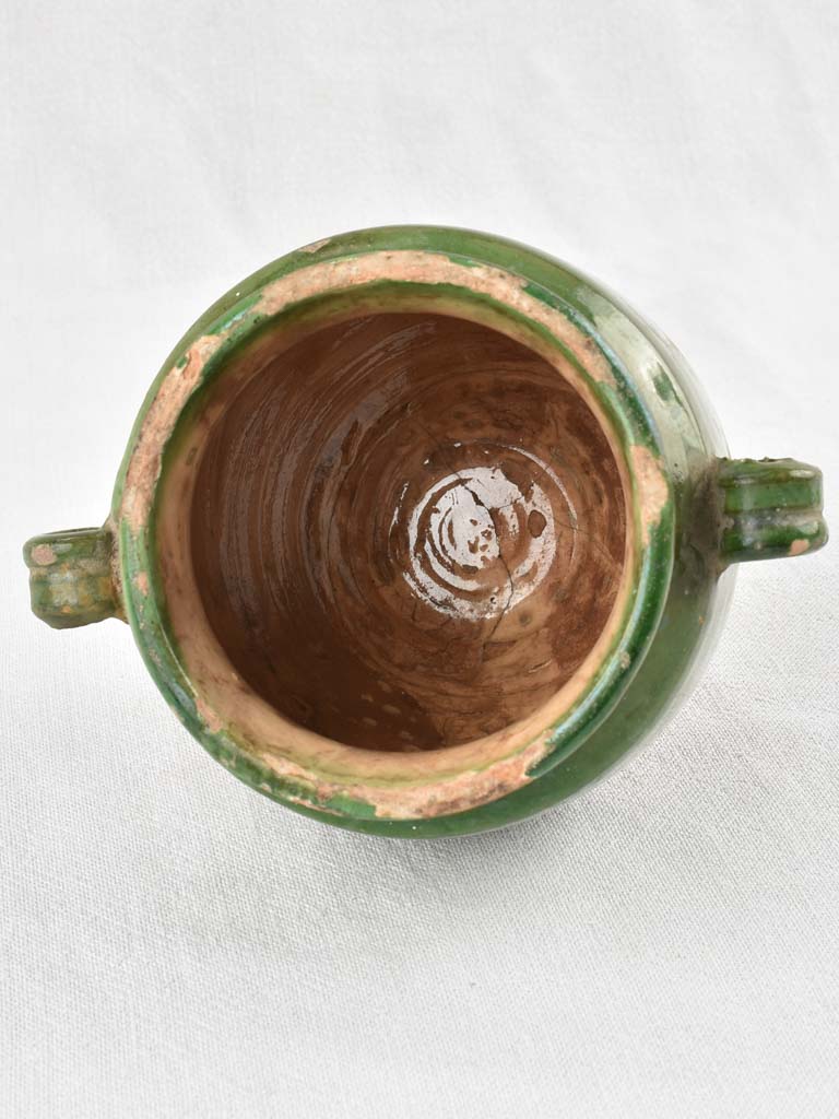 Antique French confit pot with green glaze 6¾"