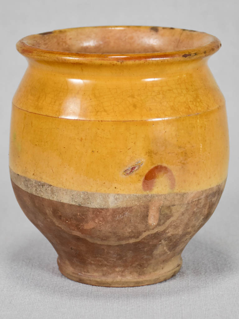 Small antique French confit pot with yellow glaze and no handles 5½"