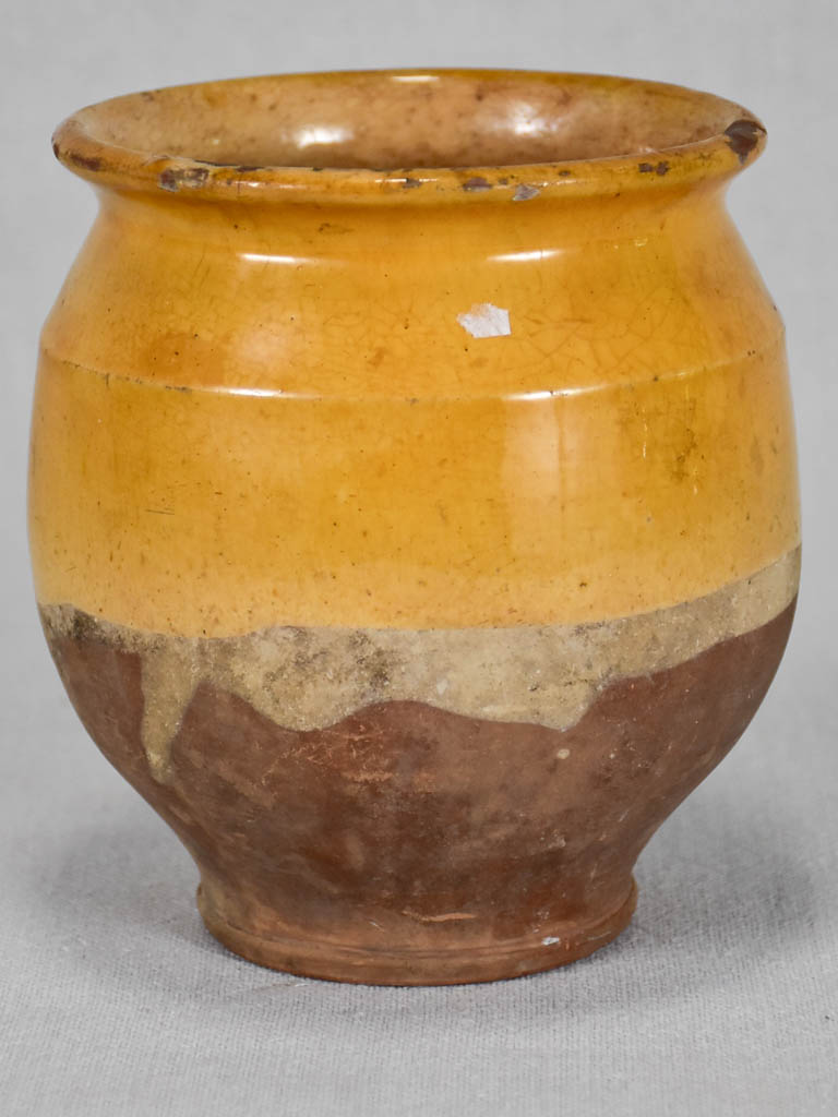 Small antique French confit pot with yellow glaze and no handles 5½"