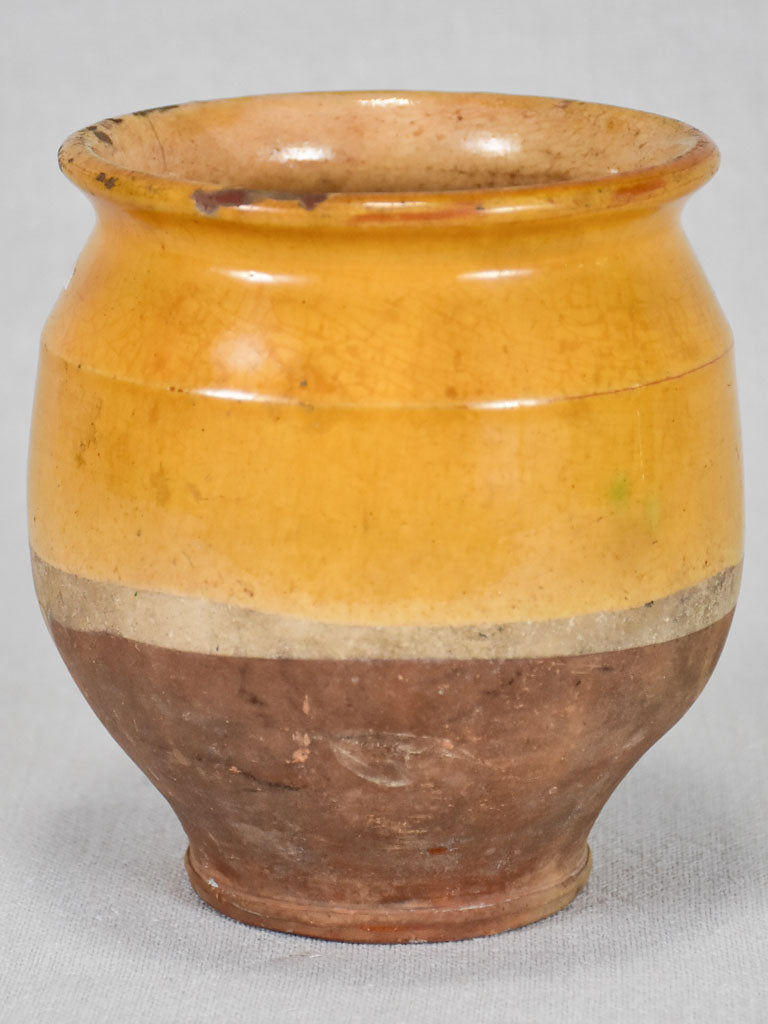 Small antique French confit pot with yellow glaze and no handles 5½"