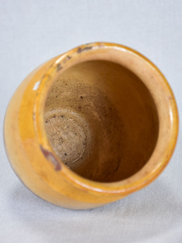 Small antique French confit pot with yellow glaze and no handles 5½"