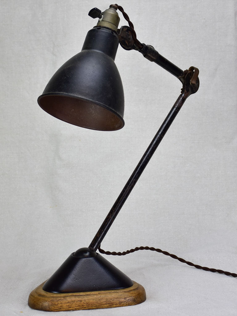 Antique French industrial elbow lamp with oak base - Gras No. 206