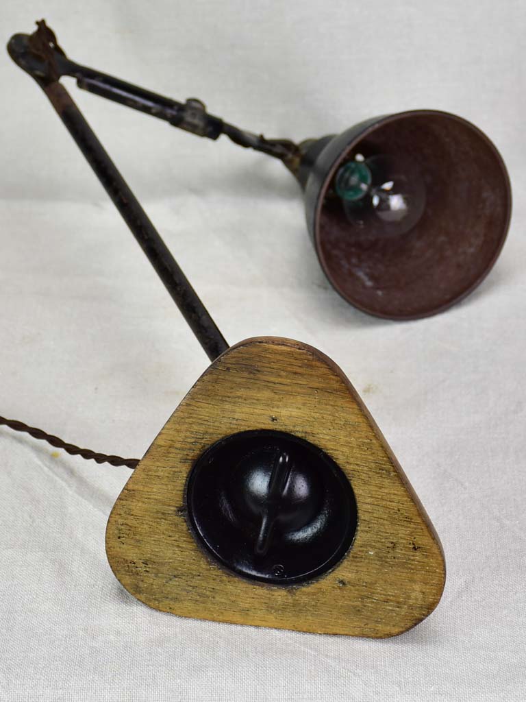 Antique French industrial elbow lamp with oak base - Gras No. 206