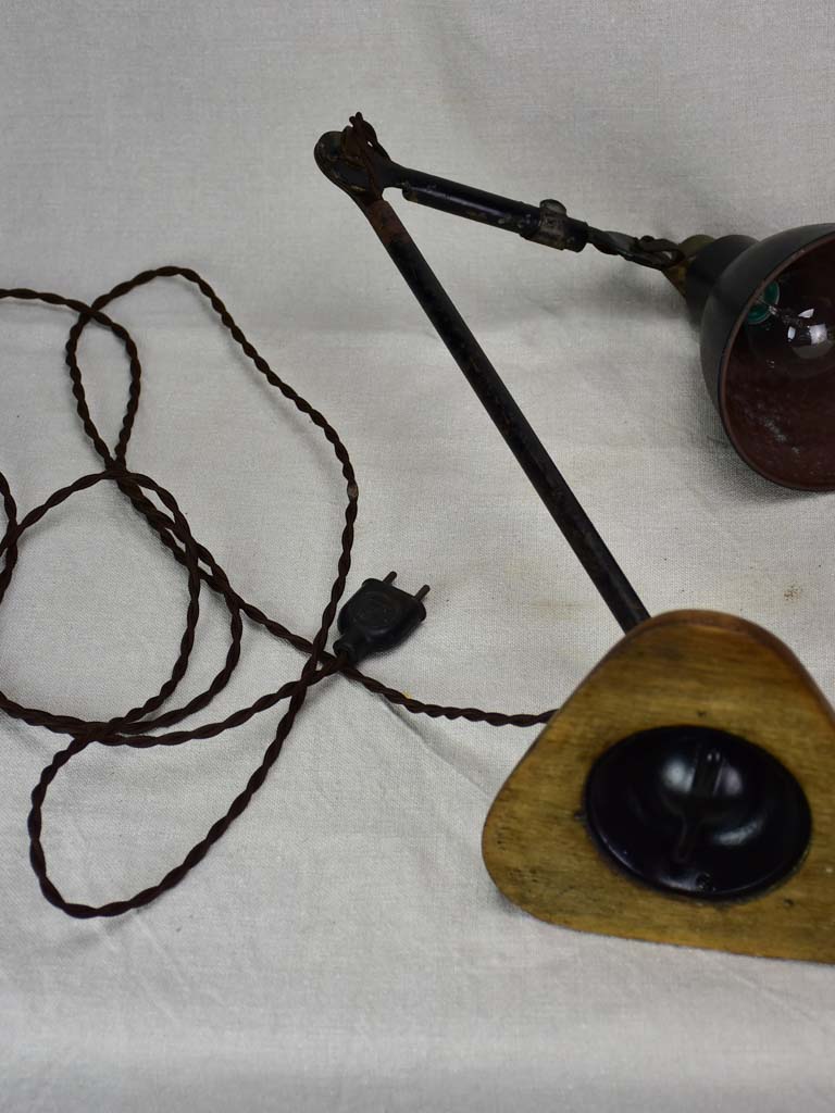 Antique French industrial elbow lamp with oak base - Gras No. 206