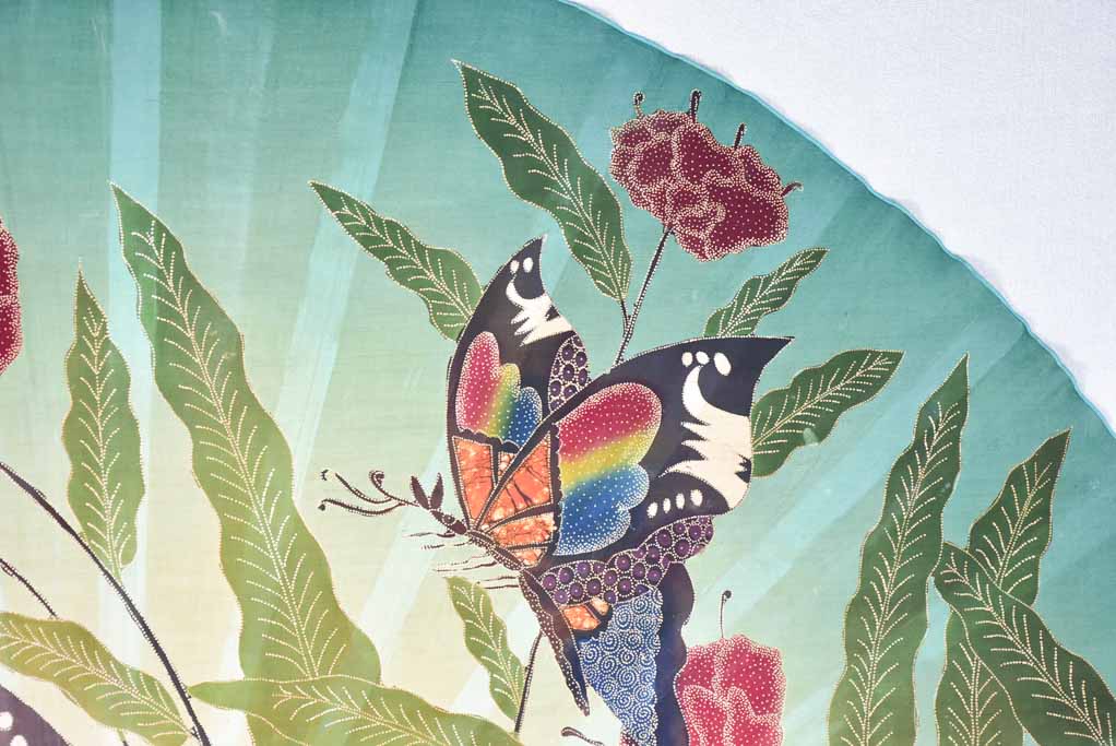 Very large decorative fabric fan from the 1940s with butterflies and flowers 58¼" x 33"