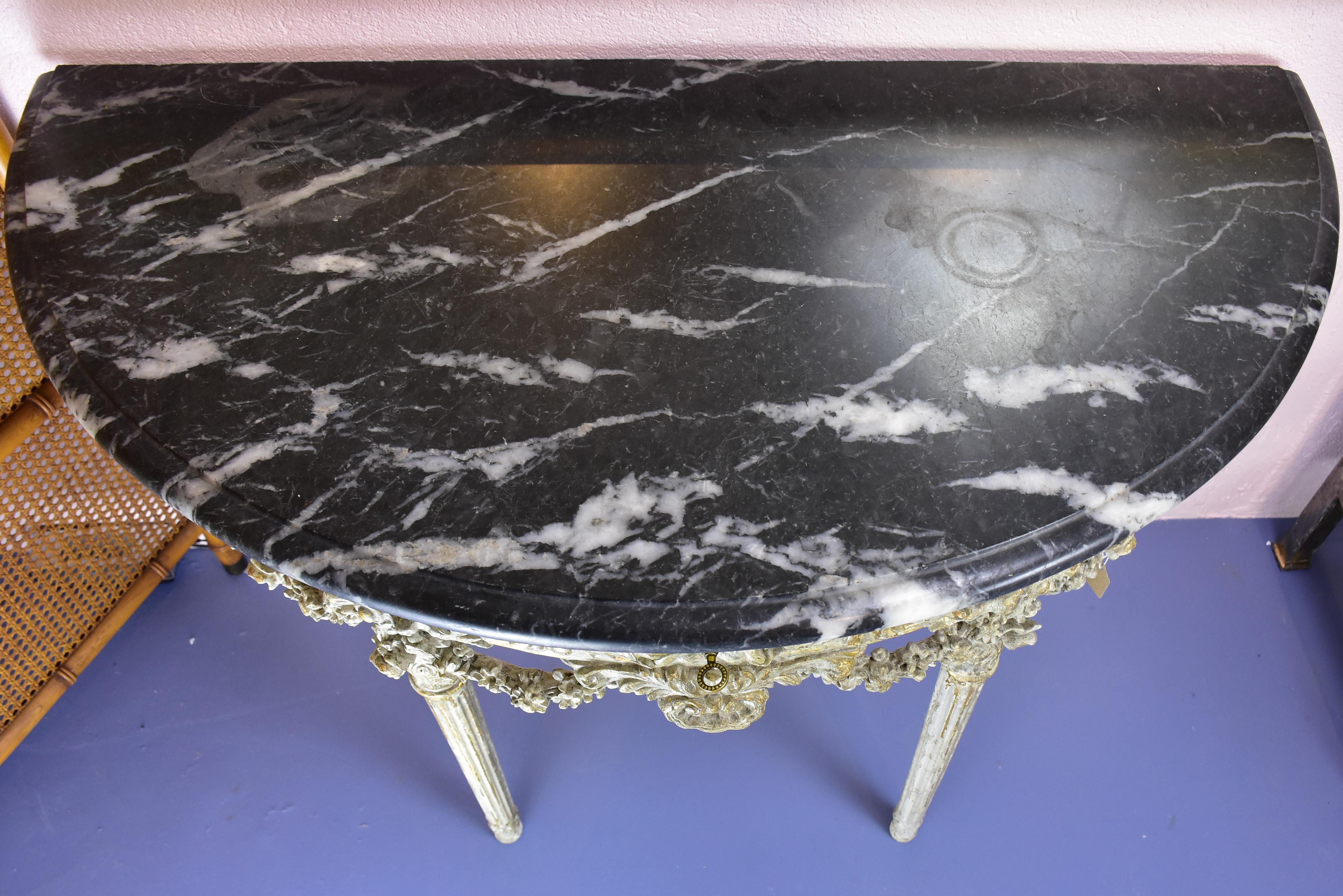 Louis XVI demilune console with black marble top