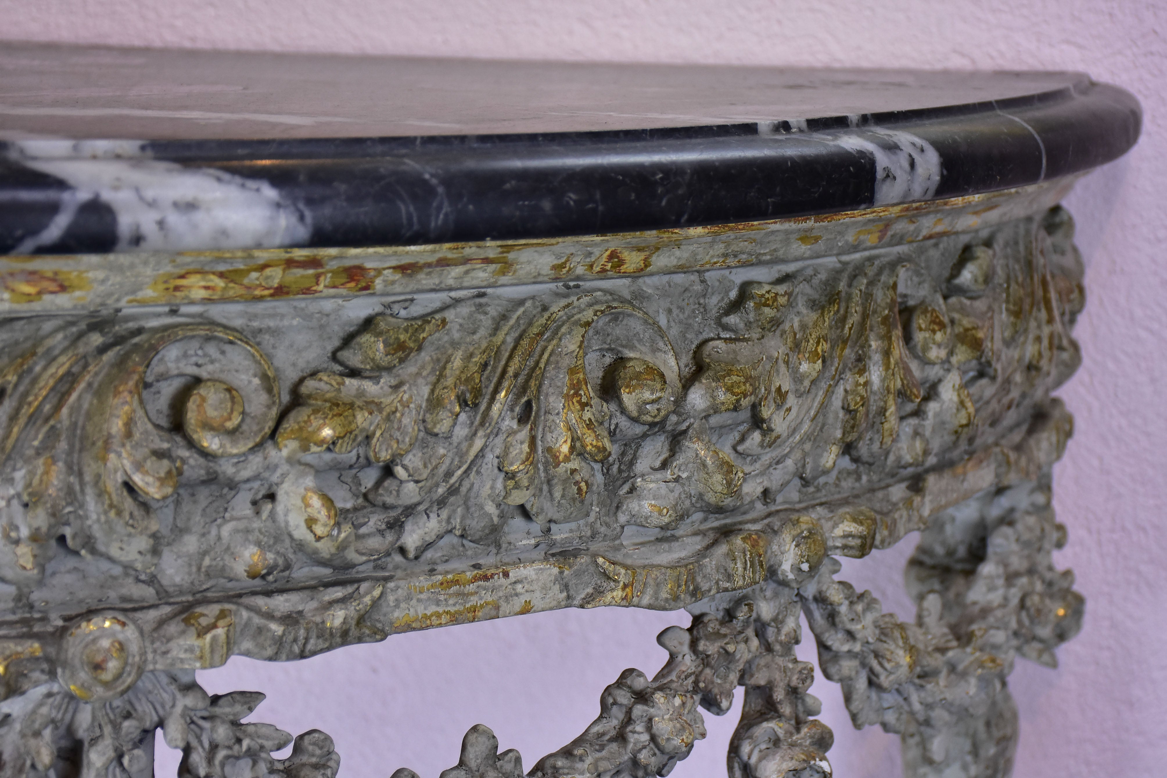 Louis XVI demilune console with black marble top