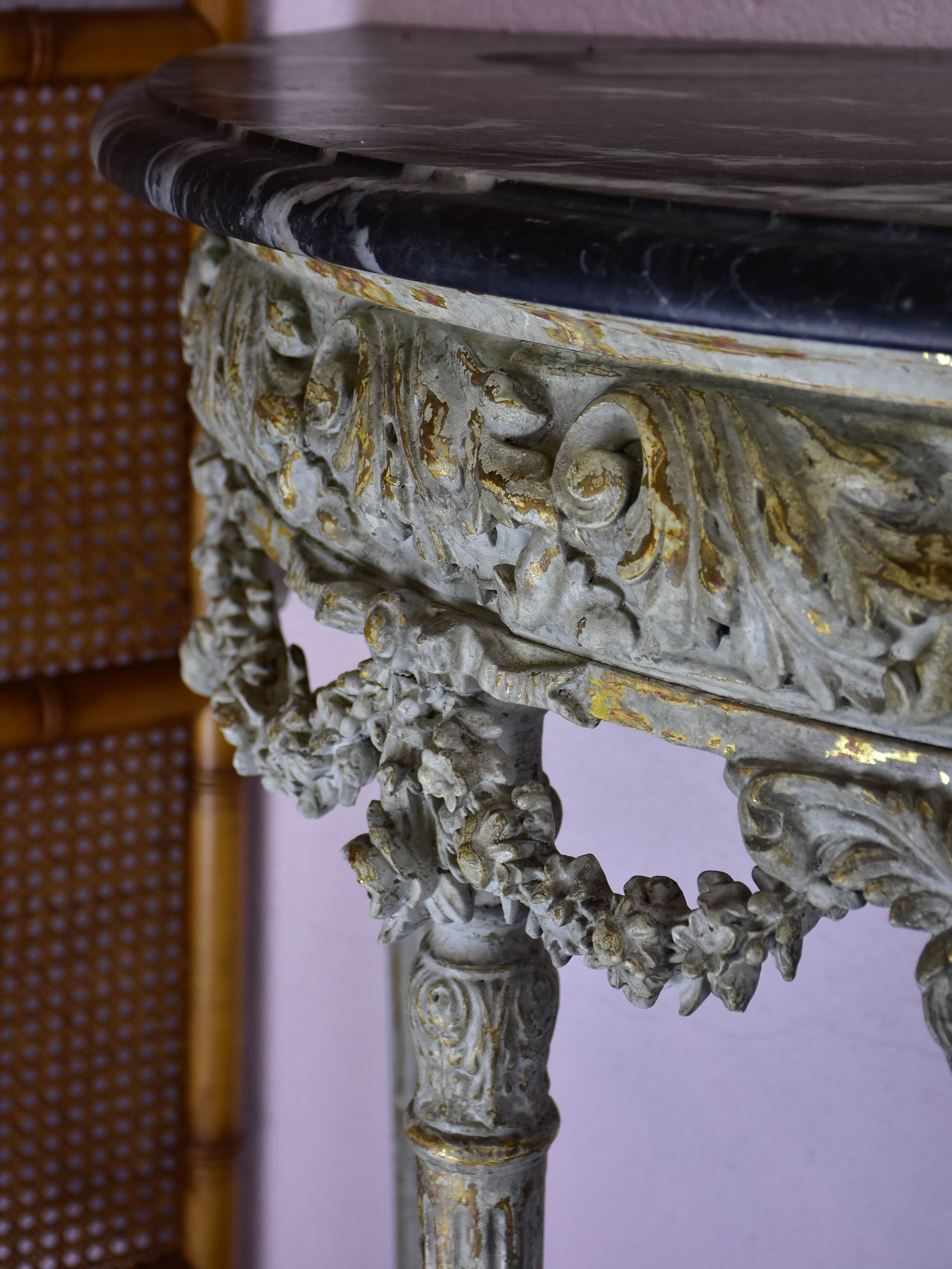 Louis XVI demilune console with black marble top