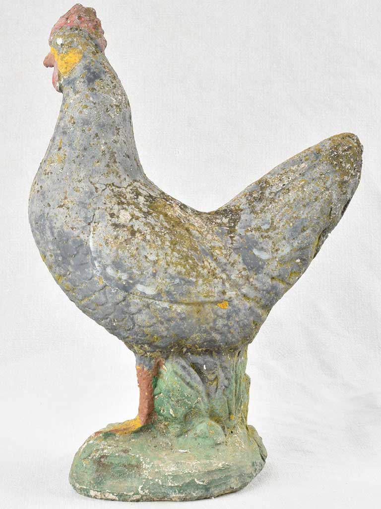 Vintage French garden sculpture of a chicken with dark blue patina 15¾"