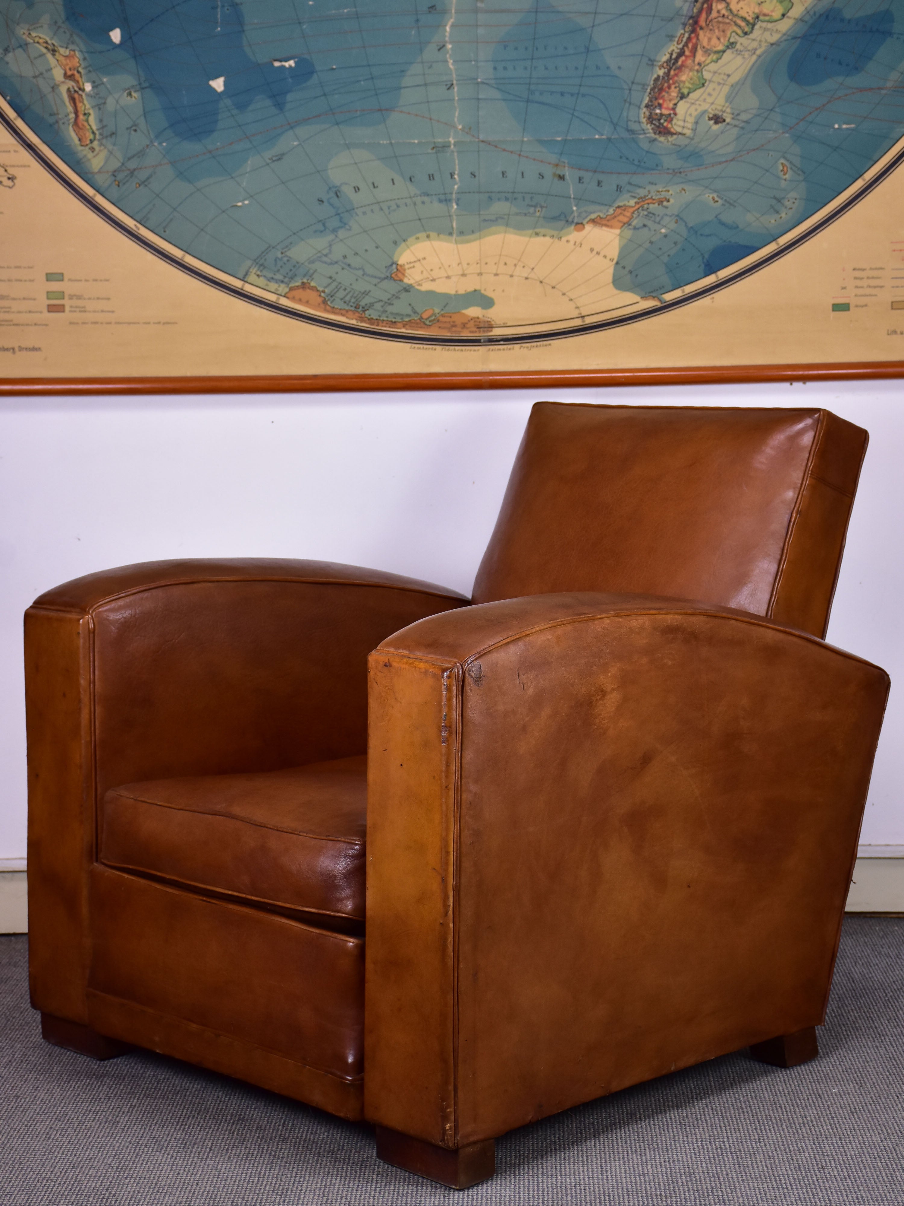 1950's French leather club chair with square back