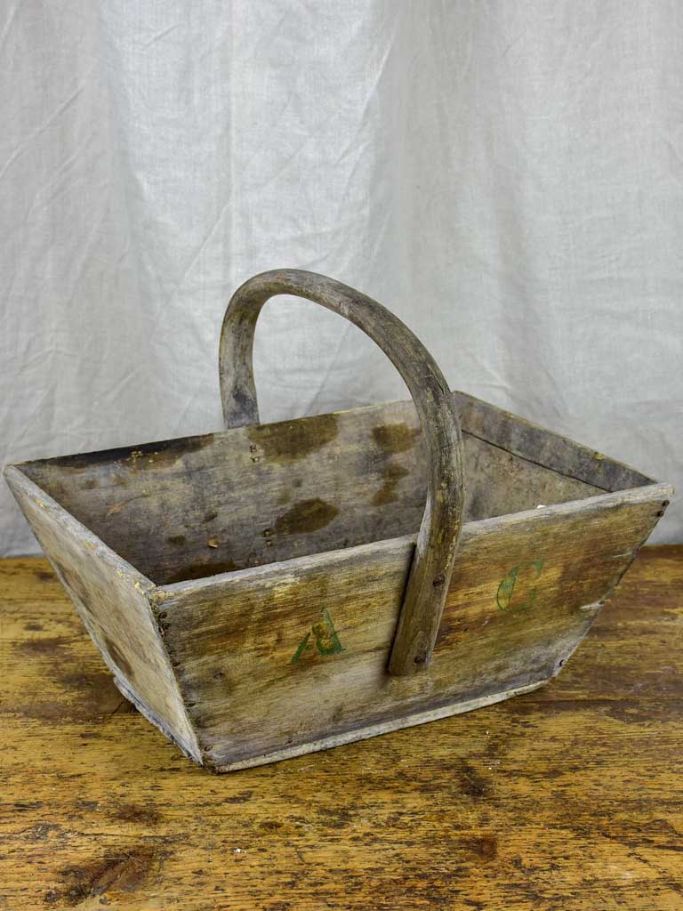 Antique wooden French harvest basket with AC monogram