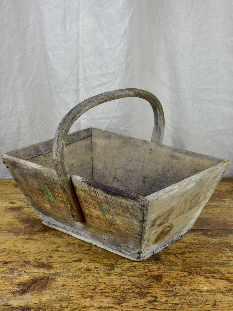 Antique wooden French harvest basket with AC monogram