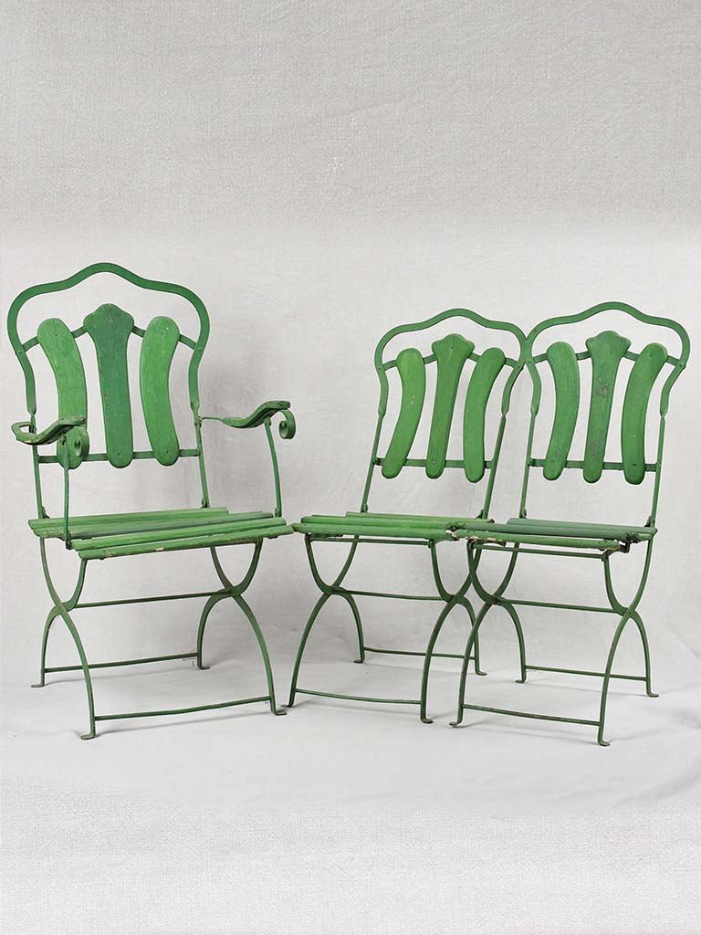 Set of three antique French garden chairs - green