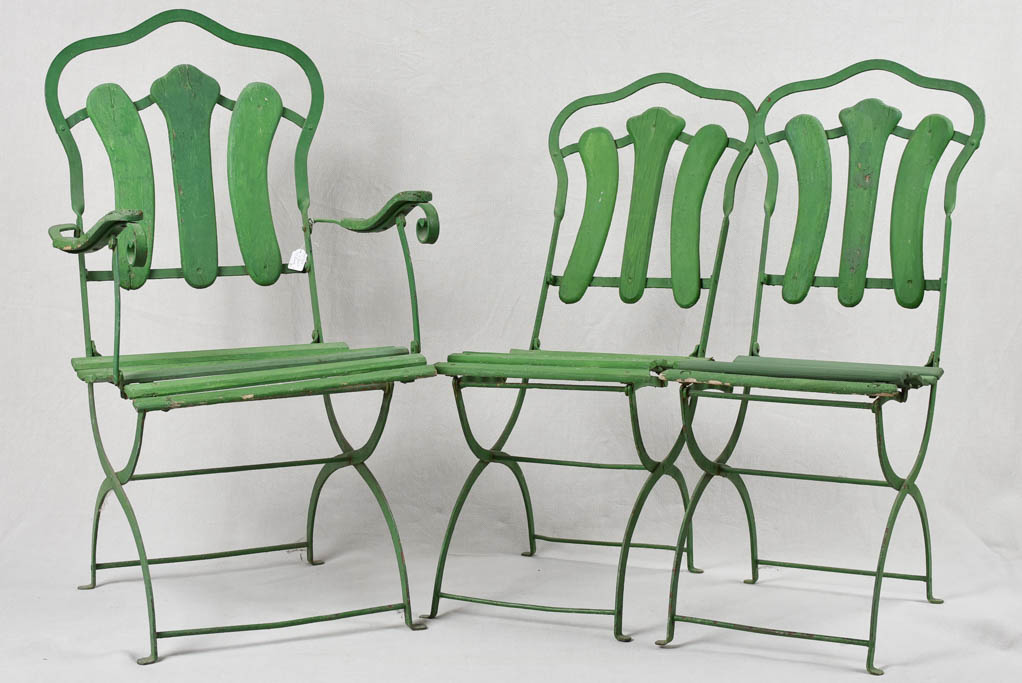 Set of three antique French garden chairs - green