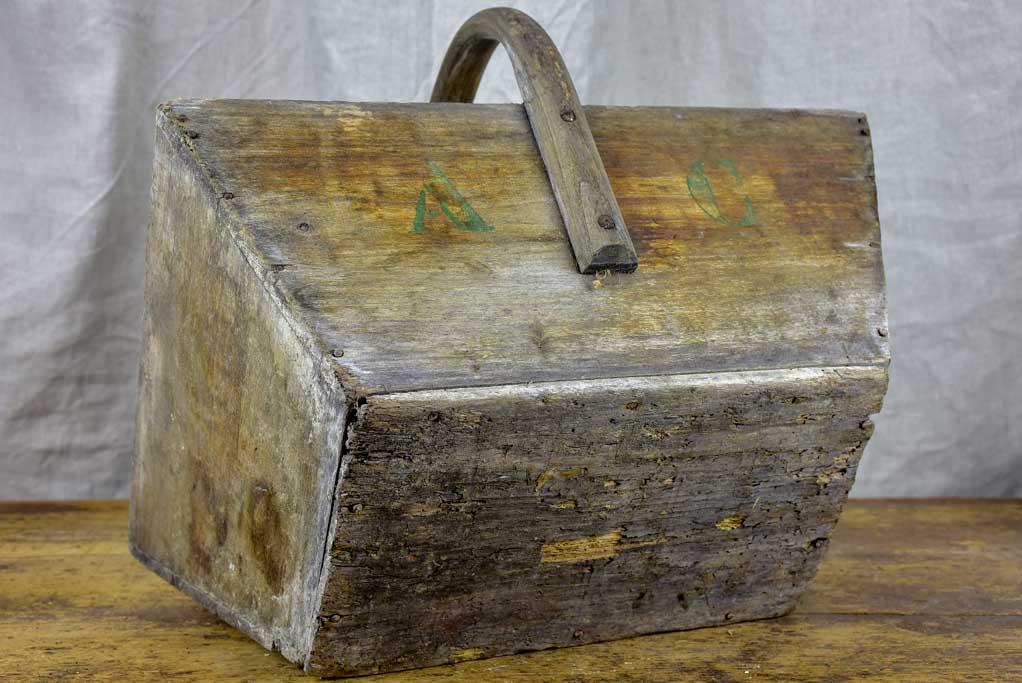 Antique wooden French harvest basket with AC monogram