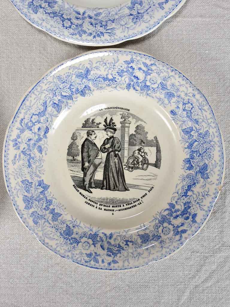 Set of four Velocipedomaine themed story plates from the nineteenth-century - blue 8"