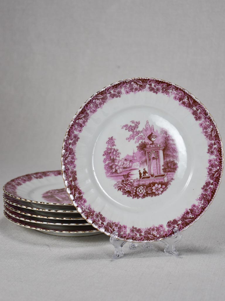 Set of six side plates - purple pink transfer ware with gold edge 7½"