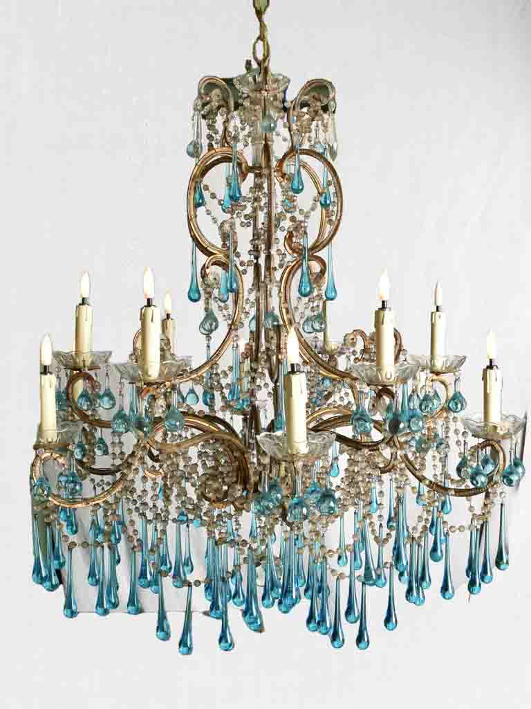 Mid century Murano chandelier with blue water drop pendants 51¼" x 31½"