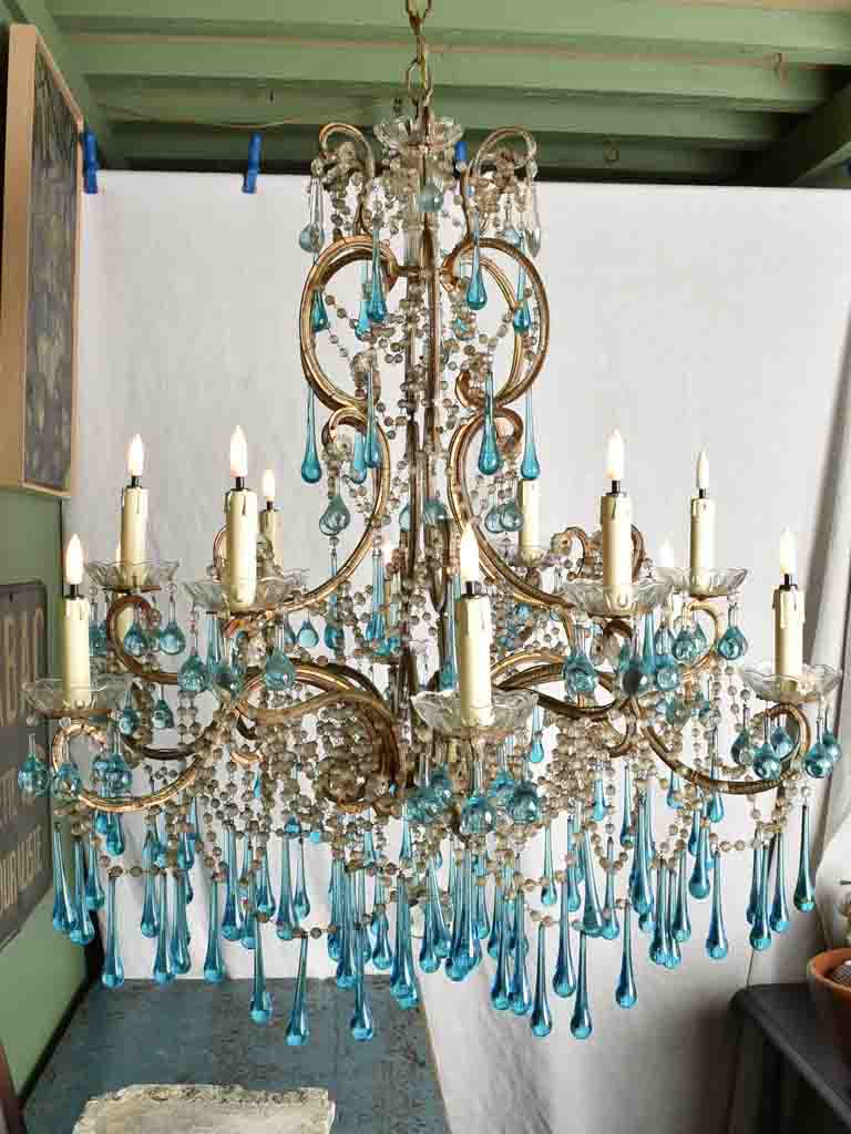 Mid century Murano chandelier with blue water drop pendants 51¼" x 31½"