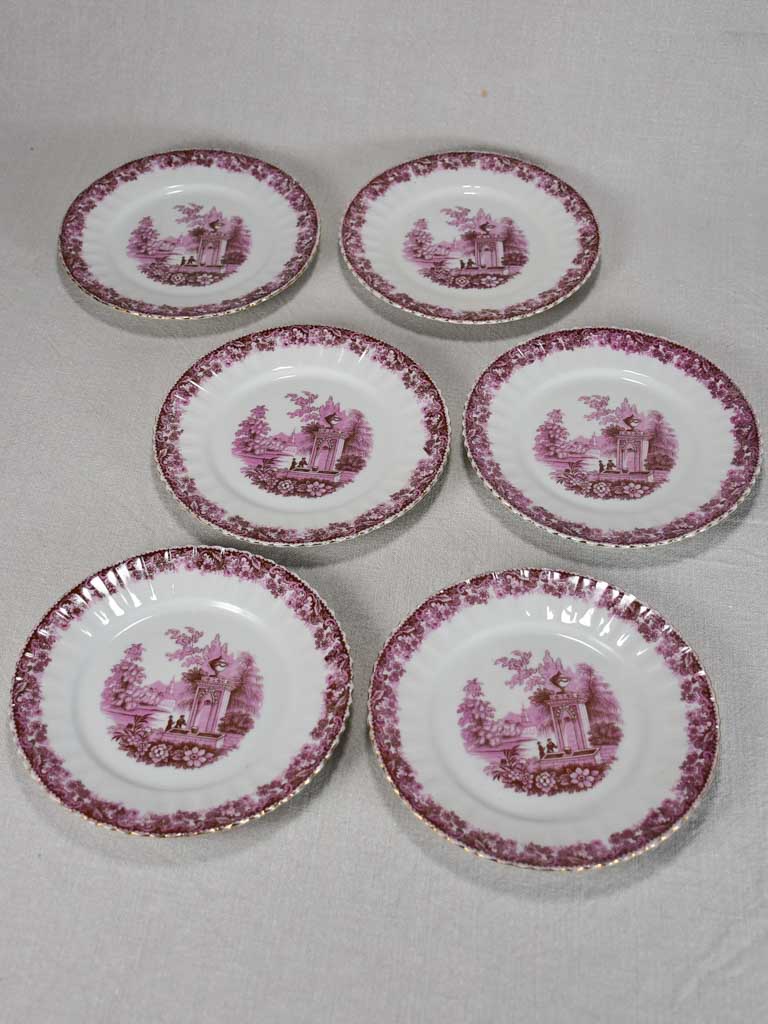 Set of six side plates - purple pink transfer ware with gold edge 7½"