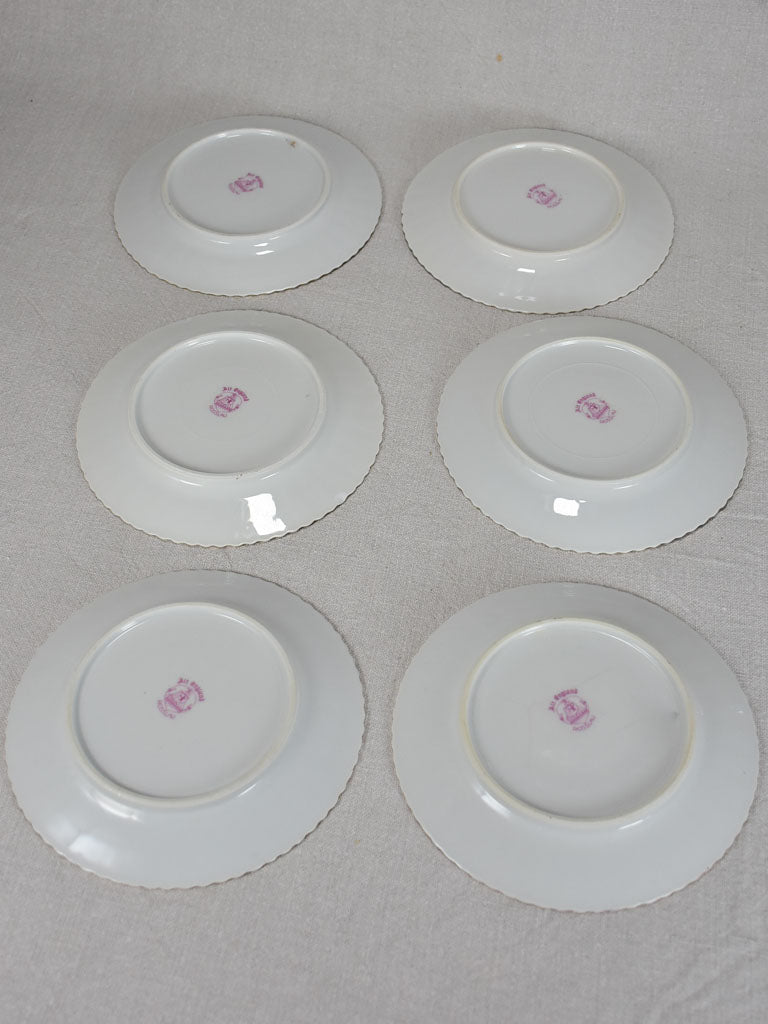 Set of six side plates - purple pink transfer ware with gold edge 7½"
