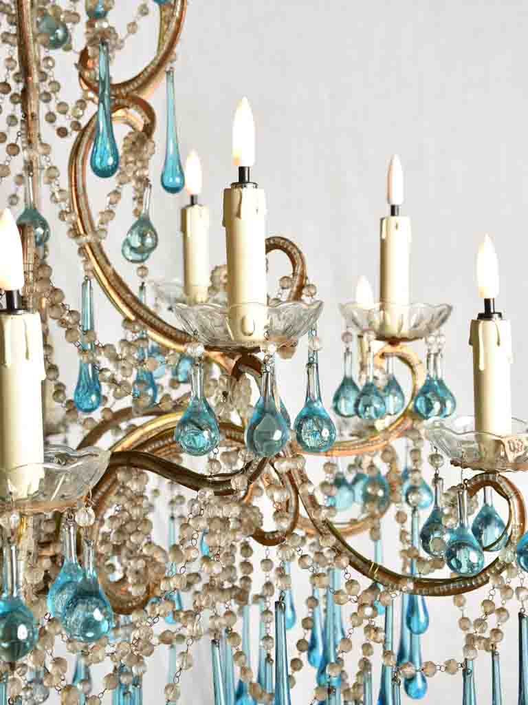 Mid century Murano chandelier with blue water drop pendants 51¼" x 31½"
