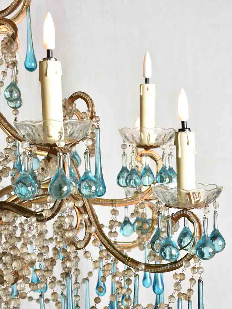 Mid century Murano chandelier with blue water drop pendants 51¼" x 31½"
