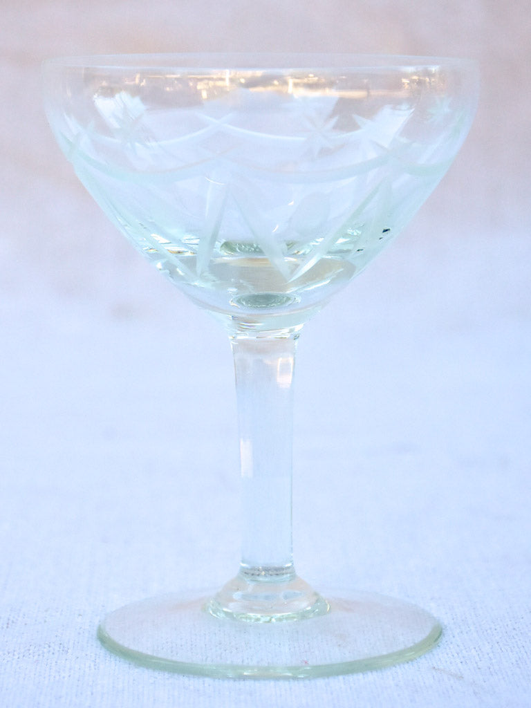 Set of antique French crystal wine and digestif glasses with pretty engravings