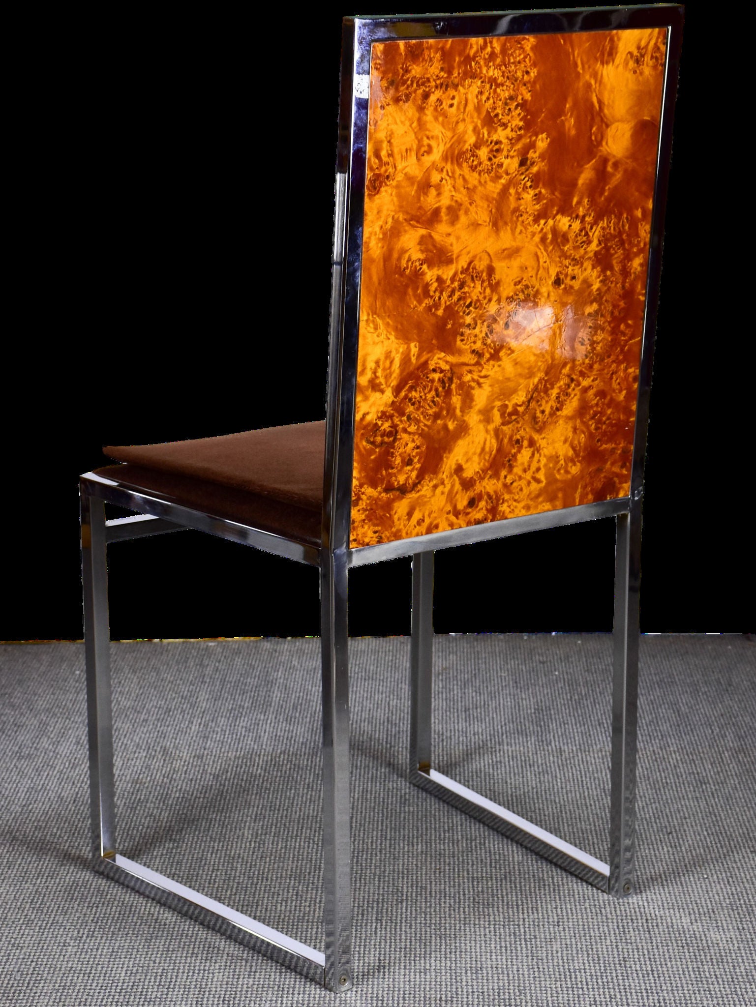 Four vintage burlwood and chrome dining chairs
