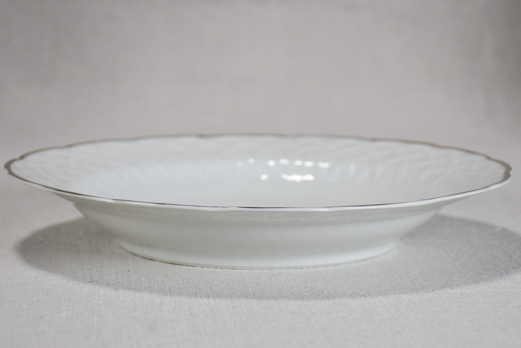 Mid century Limoges dinnerware set - white lattice pattern with silver edge